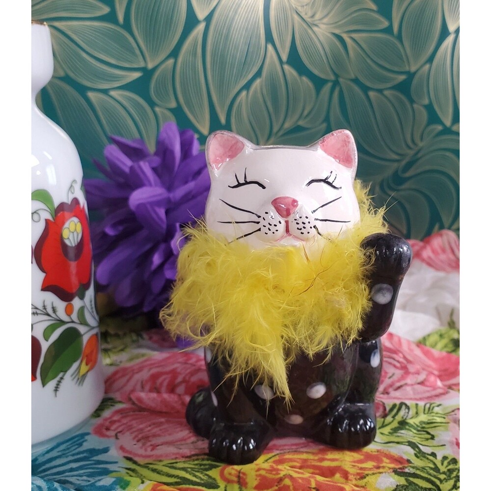 Vintage Maneki-Neko Good Luck Beckoning Cat-Ceramic-Yellow Boa/Polka Dots-Kitsch